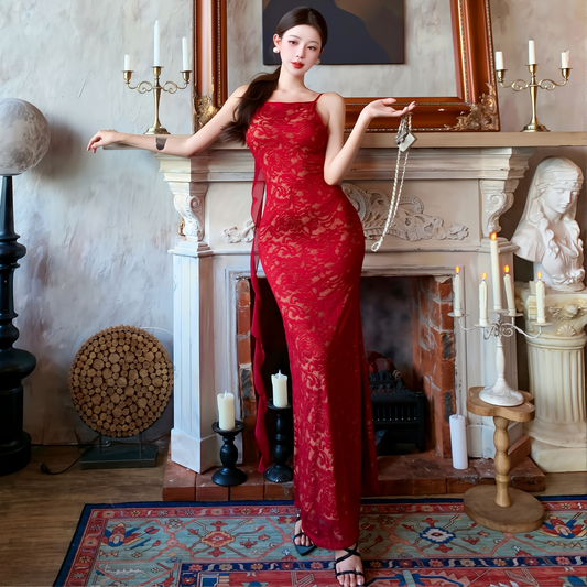 Red Lace Suspender Dress - Sexy Backless Long Vacation Maxi