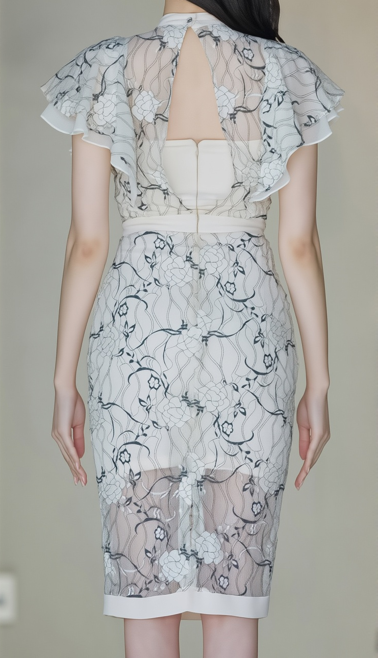 Stand-Up Collar & Lotus Sleeve Lace Dress - Ladylike Slimming Hip-Hugging Gown