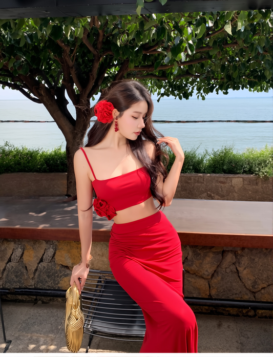 Spice Girl Two-Piece Set: Sexy Sling Skirt with Long Dress Top