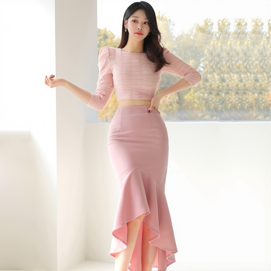 Korean Style Slim-Fitting Top And Fashionable Waist-Cinching Fishtail Skirt Two-Piece Set