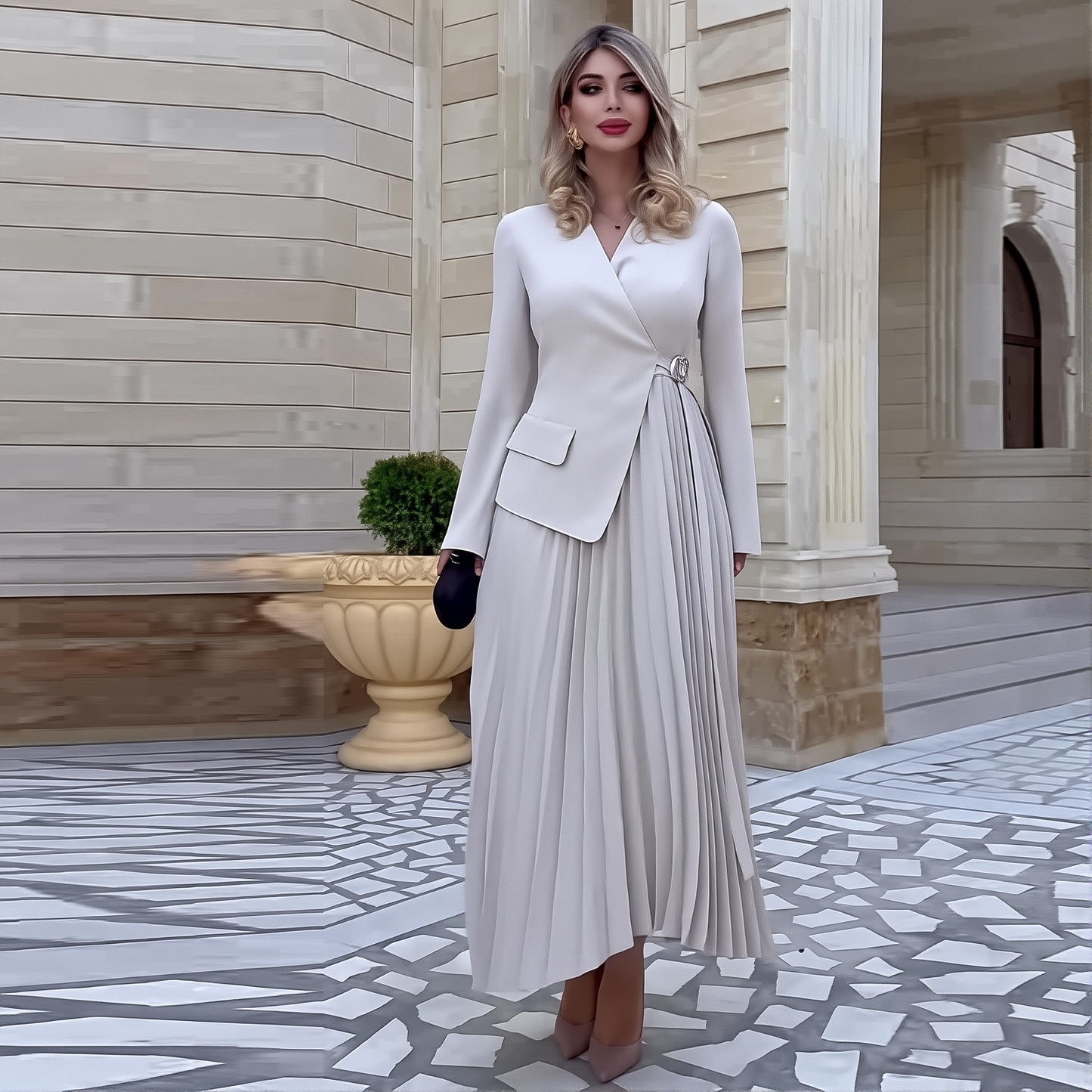 2025 Autumn New Women's Clothing Long Sleeve Waist Pleated Slim Long Skirt
