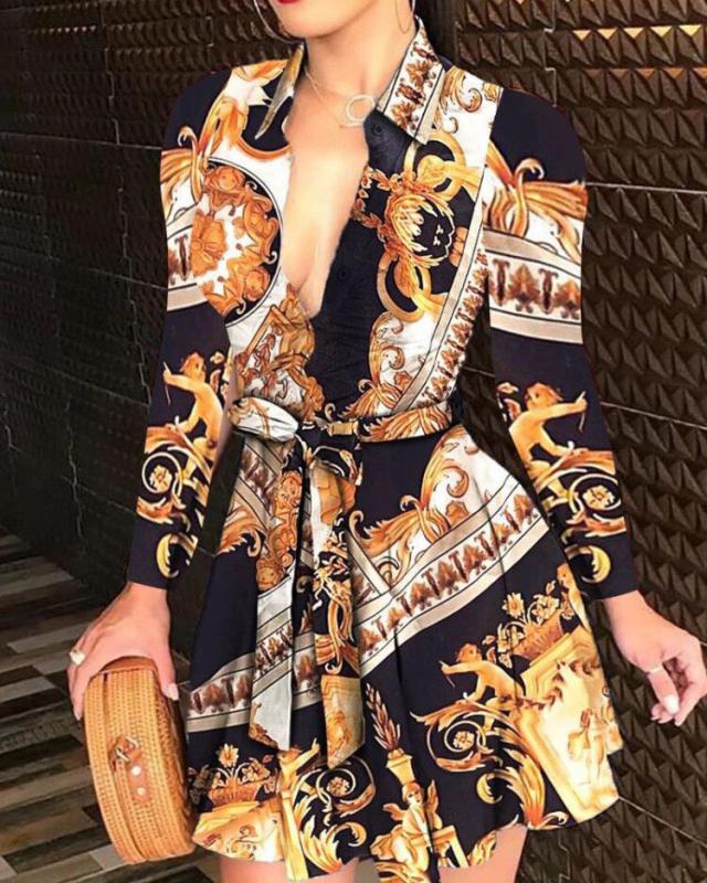 Fashion European And American Digital Printing V-Neck Tie Waist Dress Women