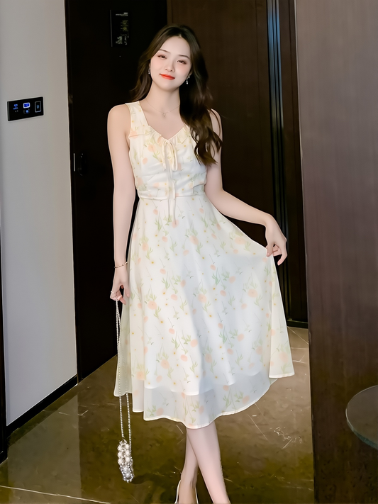 Real Shot Of Summer Sweet Ladylike Floral Suspender Dress, Feminine, Whitening And Slimming Sleeveless Long Skirt