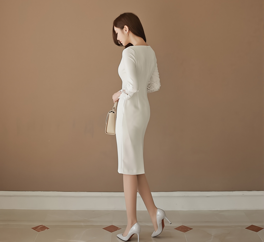 Cross-Border Dress Women's 2025 Autum New Korean Style Slim Fashion Pure Color Round Neck Lace Hip-Covering One-Step Skirt