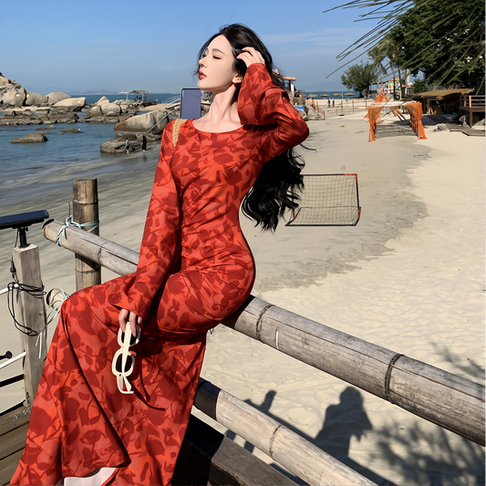 2025 New Cheongsam Women's High-End Improved New Dress Moroccan Rose Print Long-Sleeved Dress