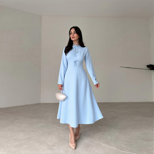 2025 Women's Long Sleeve Solid Color Round Neck Multi-lace Temperament Fashion Dress