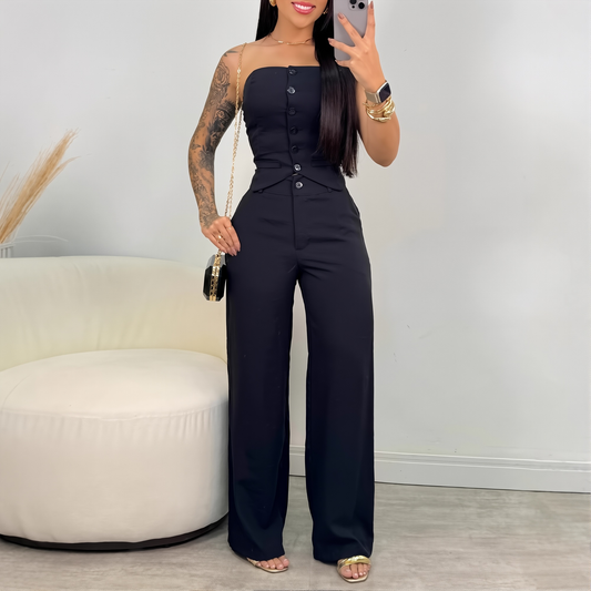 Stand Strapless Button Vest Opening And Casing Placket Wide Leg Pants Suit