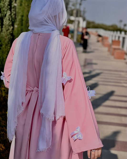 Women's Muslim Style New Three-dimensional Bow Sweet Age-reducing Waist Pink Dress