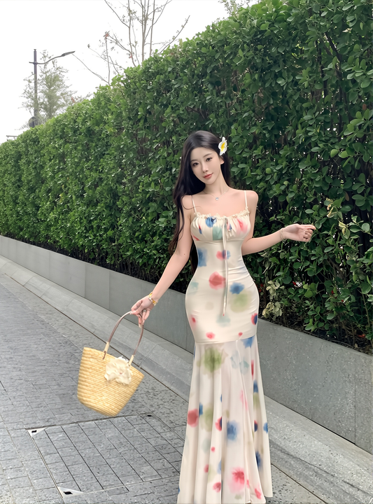 Elegant Vacation Summer Watercolor Sling Dress Women's Spring And Summer Short Long Irregular Skirt Fishtail Skirt