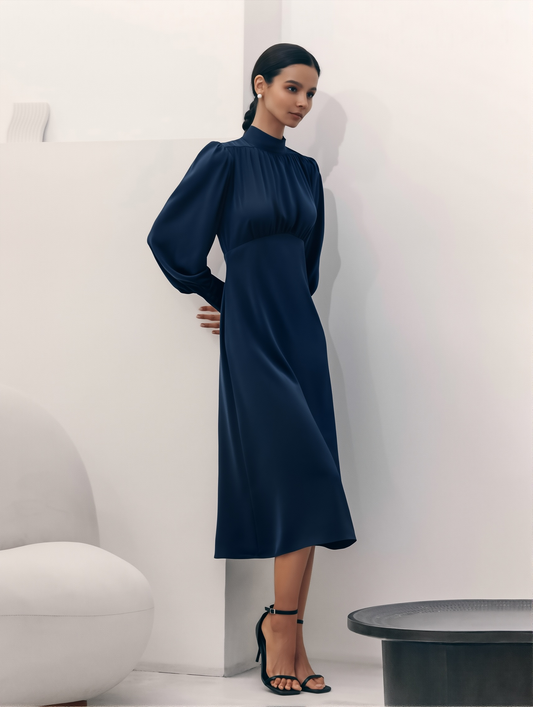 High Collar Cocktail Dress - Long Sleeve A-Line Mid-Length Skirt