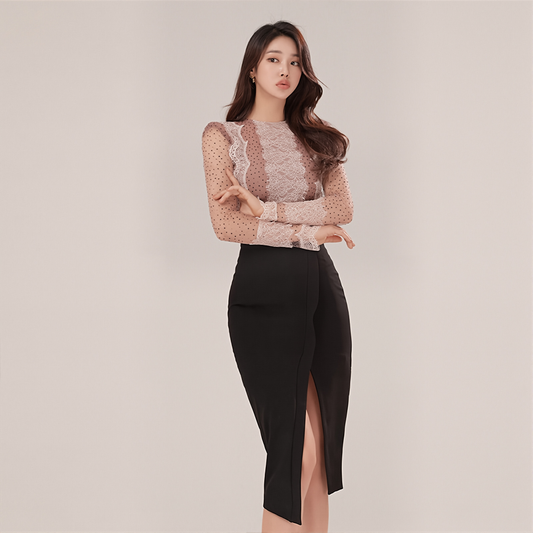 Sexy Mesh Top & Slit Skirt Set - Summer Polka Dot Slim Fit Two-Piece Outfit