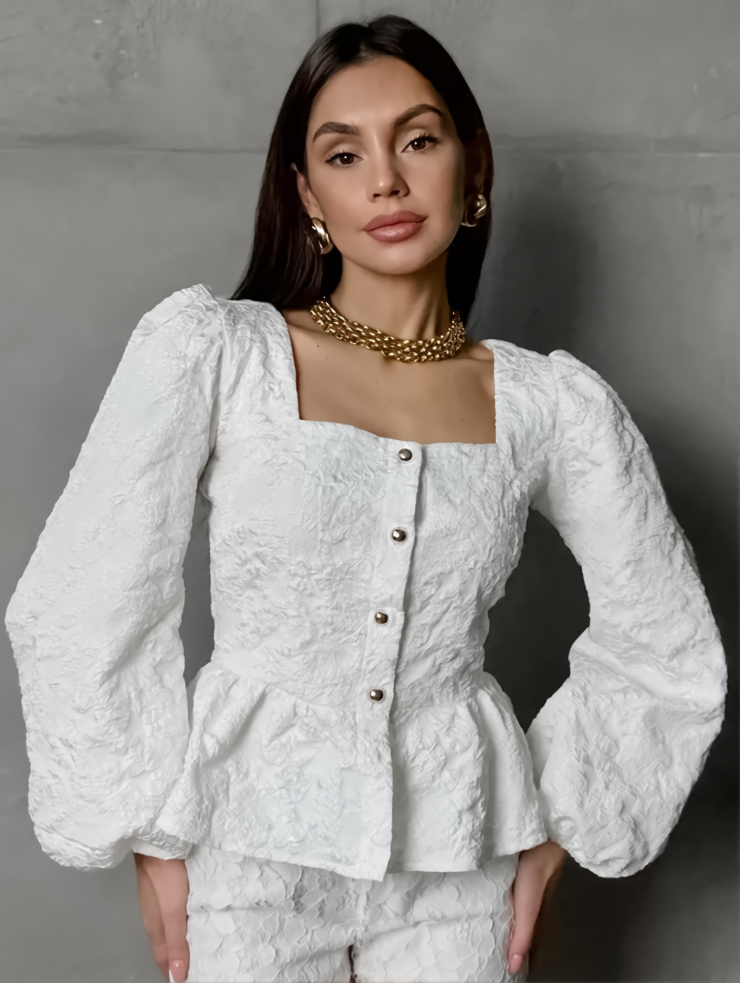 French Cross-border Jacquard Puff Sleeve All-match Shirt 2025 Spring And Summer New Design Niche Square Collar Long Sleeve Top