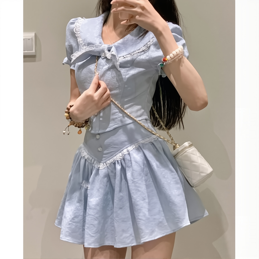 Chanel Style Two-piece Set French Tea Break Lace Double-layer Collar Short Shirt Ruffled A- Line Short Skirt Suit Women