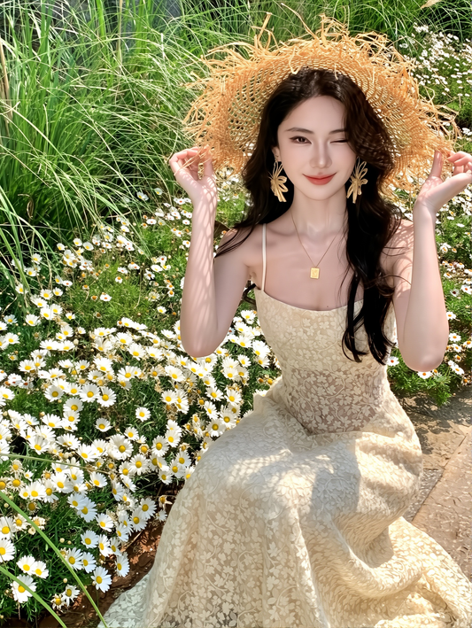 Seaside Vacation Dress French Style - Lace Floral Hollow Out Suspender Skirt Gentle Elegant