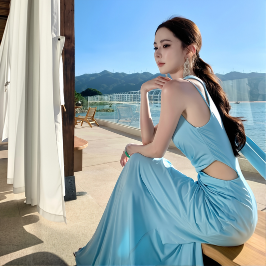 Stunning Hollow Waist Dress - French Style Long Gown with a High Leg Slit for Parties