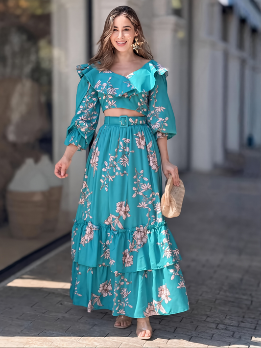 New Fashion Printed Jacket Flounce Long Skirt Suit