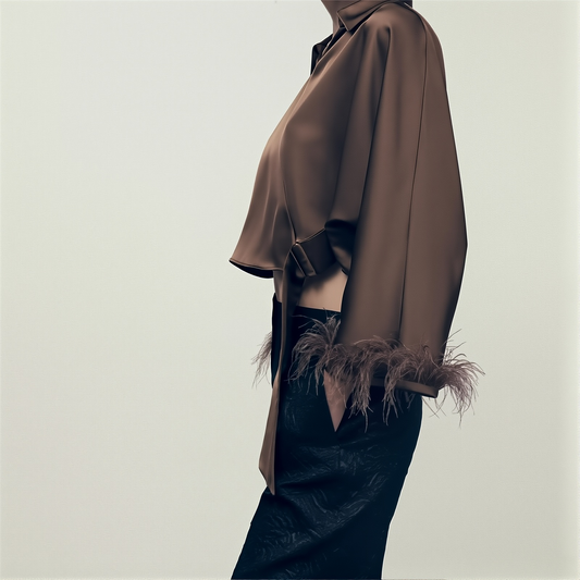 Feather Decoration Silk Sense Dew Tie Navel Shirt Top