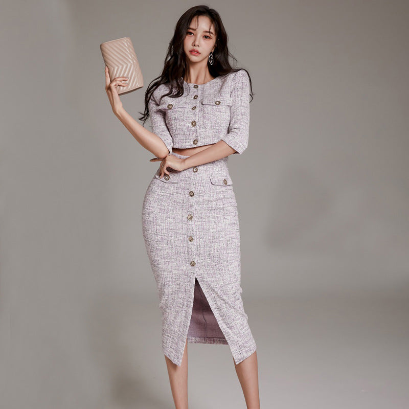 Tweed Style Two-Piece Set: Short Sleeve Top and High-Waisted Skirt for Women