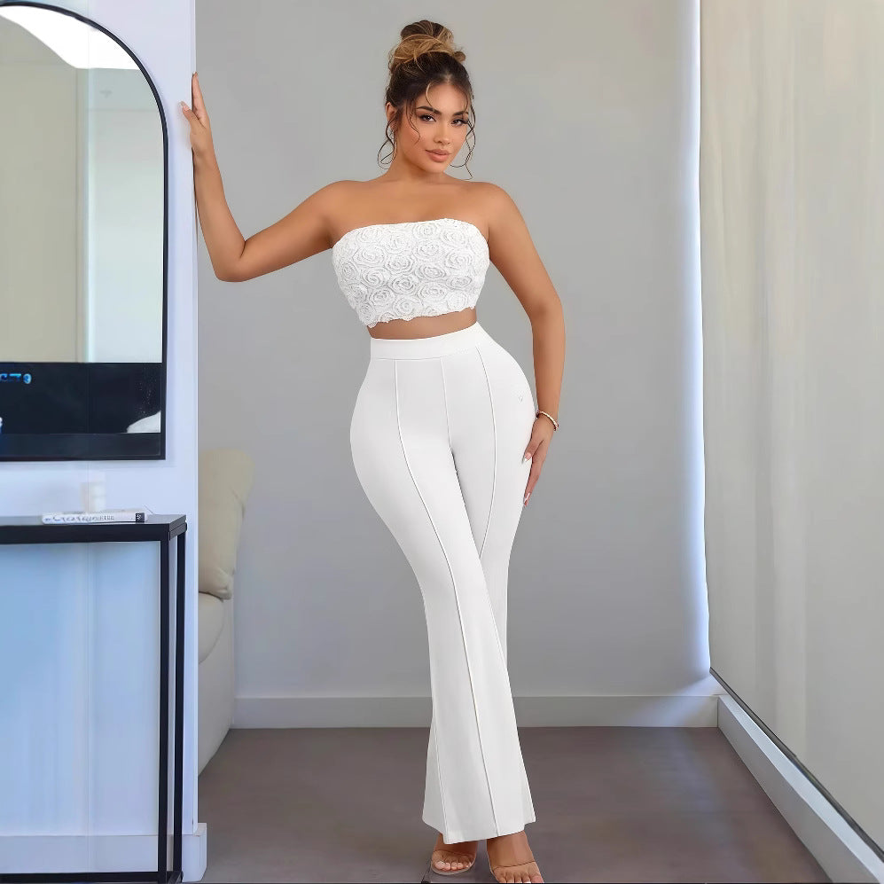 European And American Cross-border Women's 2025 Summer New Solid Color Exquisite Small Flowers Wrap Chest Tight Horn Trousers Two-piece Set