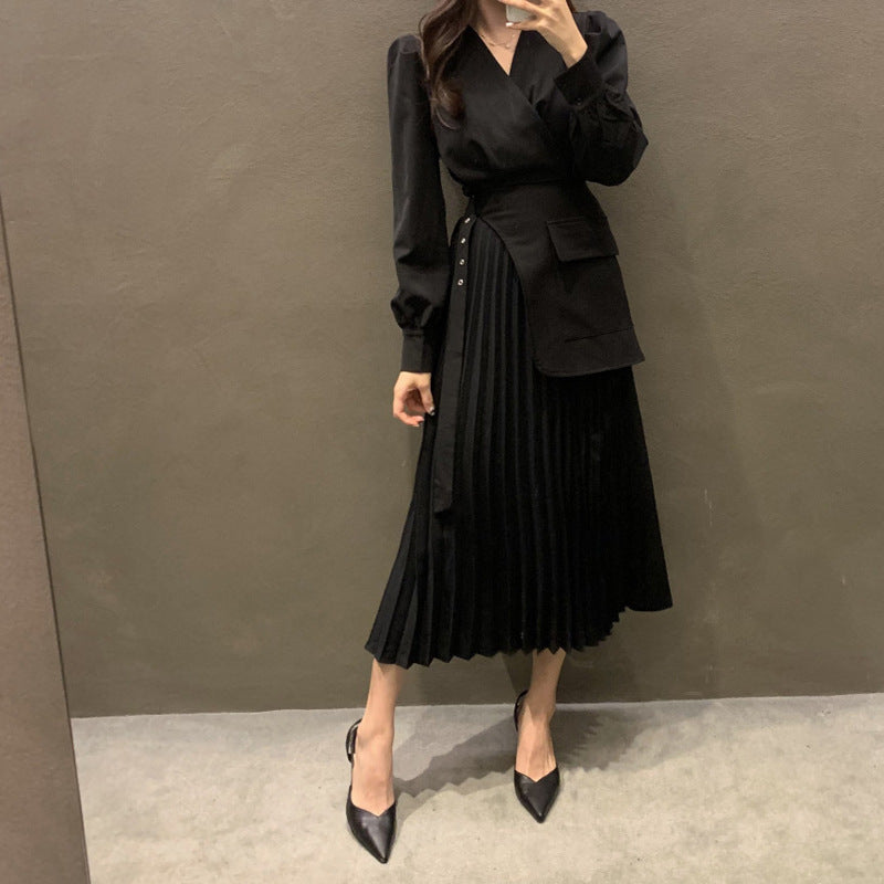 Korean Chic Autumn New V-neck Elegant Elegant Slim-fit Puff Sleeve Pleated Long Sleeve Mid-length Dress For Women