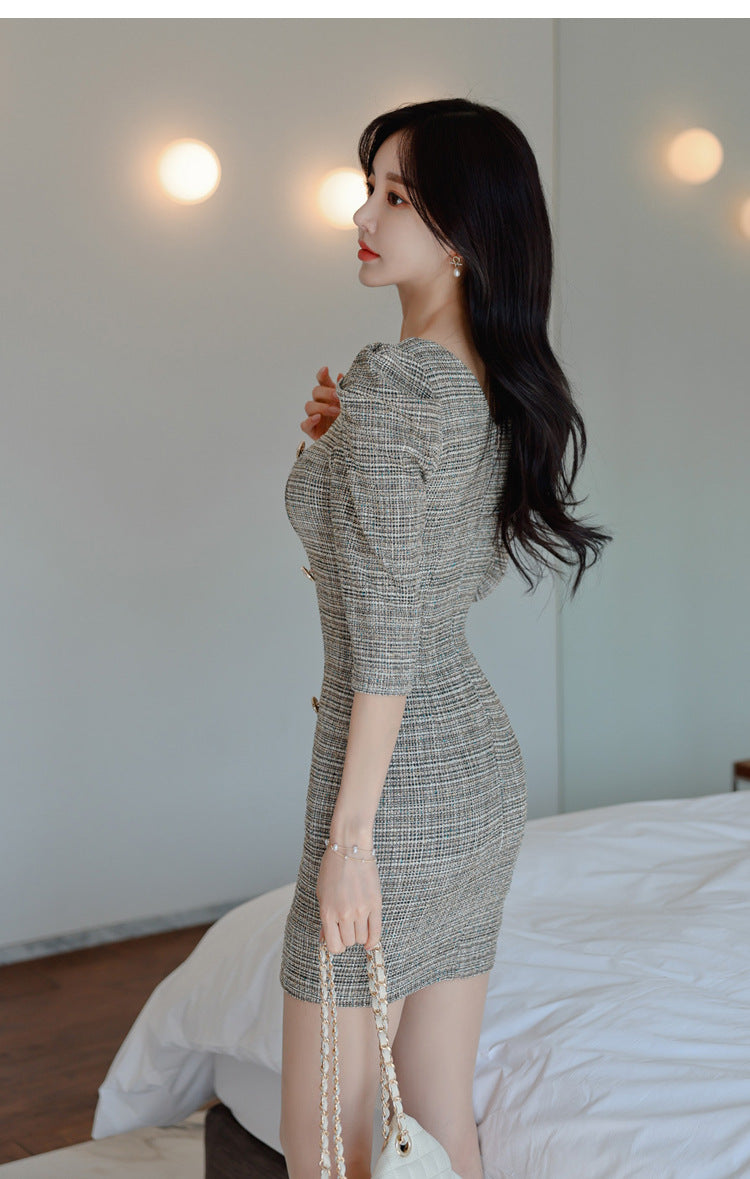 2025 Spring New Korean Style Square Neck Puff Sleeve Double Breasted Small Three Quarter Sleeve Hip Cover Dress For Women