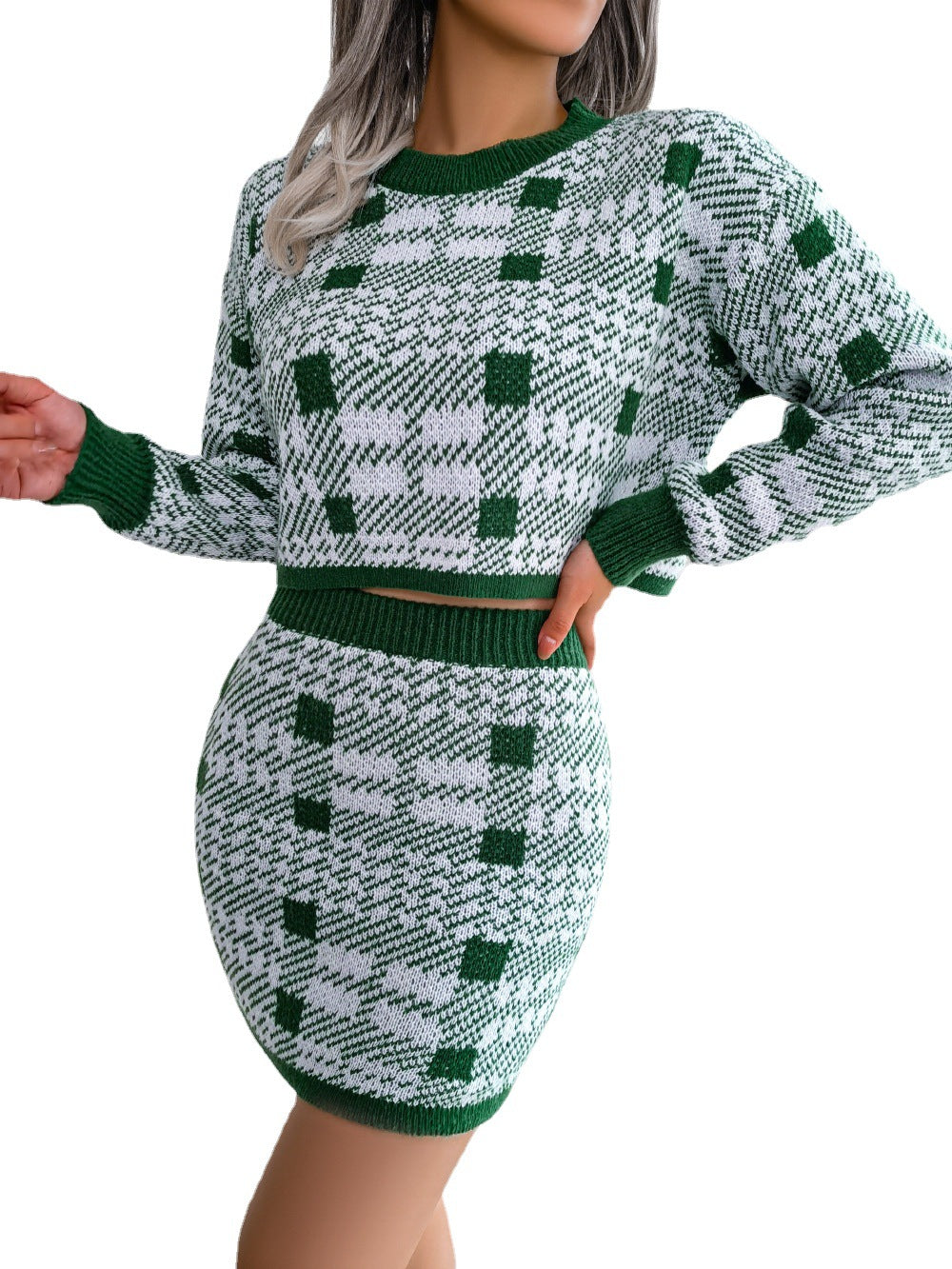 Contrast Plaid Navel Sweater Bag Hip Skirt Knitted Suit