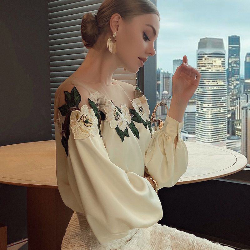 Mesh Stitching Satin Embroidered Shirt Top Women's Belle Mesh Yoke Blouse