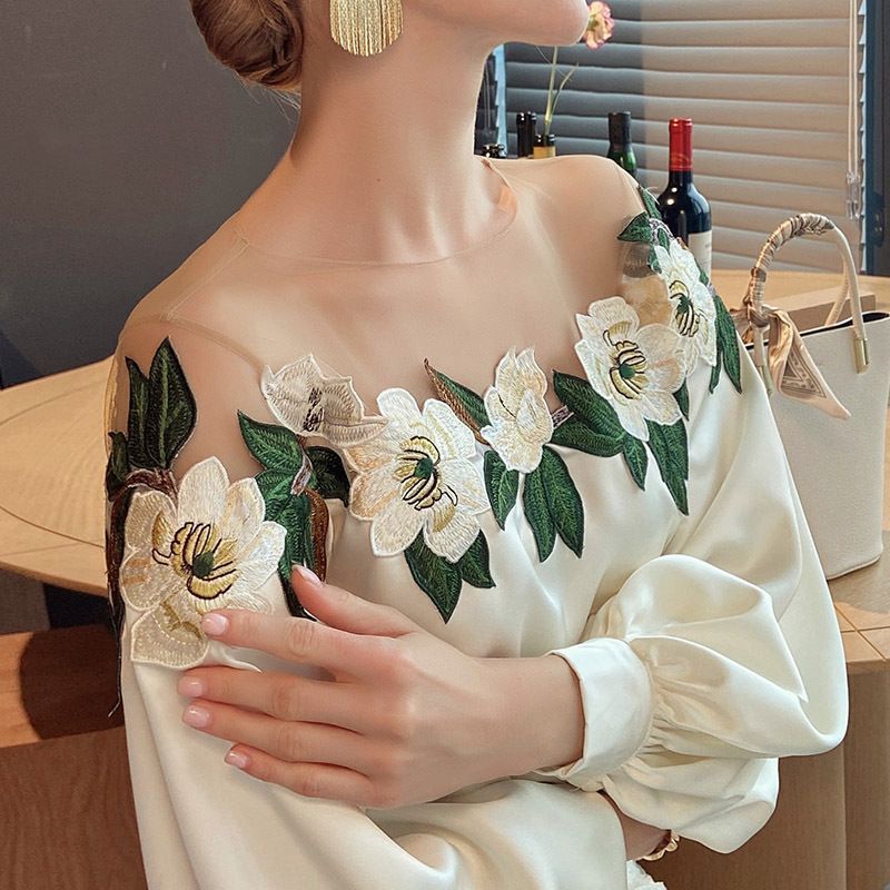 Mesh Stitching Satin Embroidered Shirt Top Women's Belle Mesh Yoke Blouse