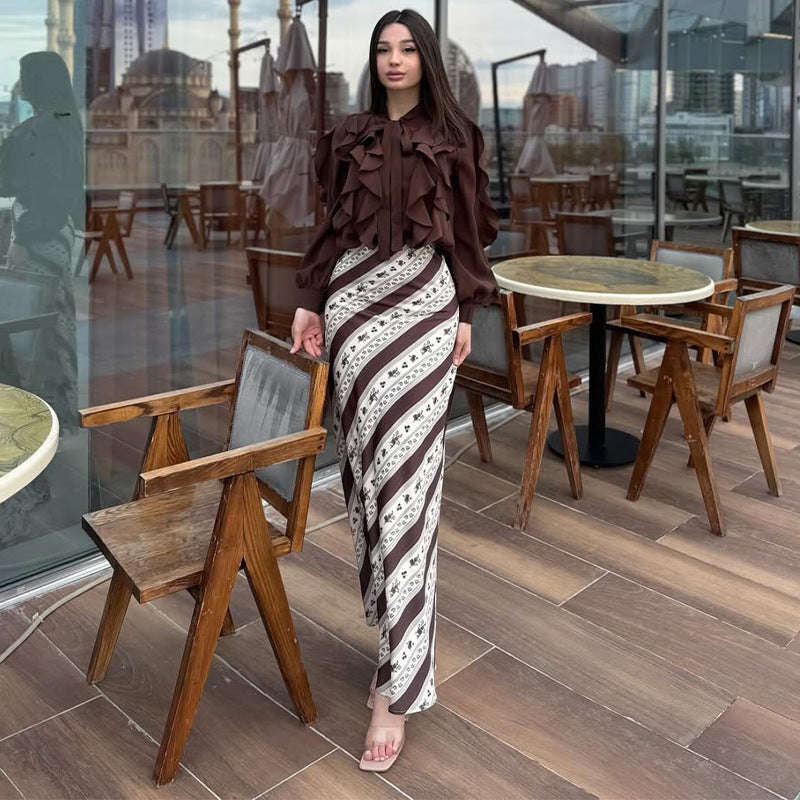 2025 New Women's Clothing European And American Amazon Cross-Border Export Long-Sleeved Ruffle Top Printed High-Waisted Skirt