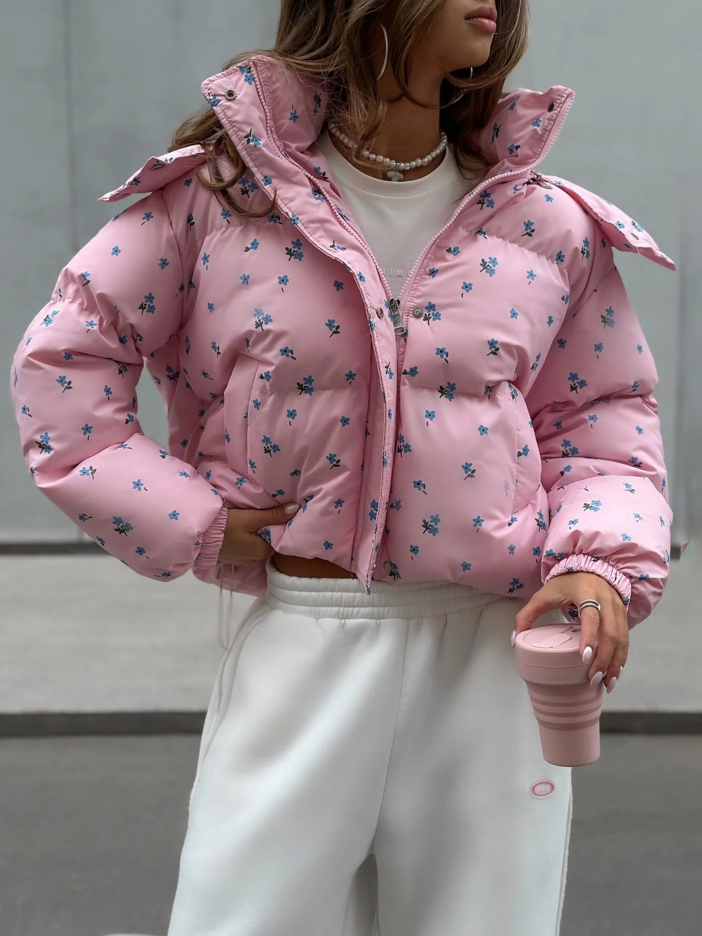 Cross-border Bread Suit Small Floral Design Drawstring Hooded Detachable Cotton Coat High-end Fashionable All-match Coat Women