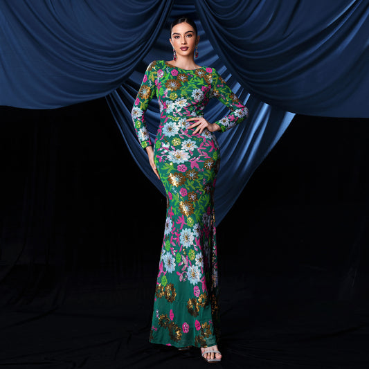 Cross-border European And American Middle Eastern Arabic Clothing Long Round Neck Long-sleeved Slim Waist Sequin Evening Dress For Women