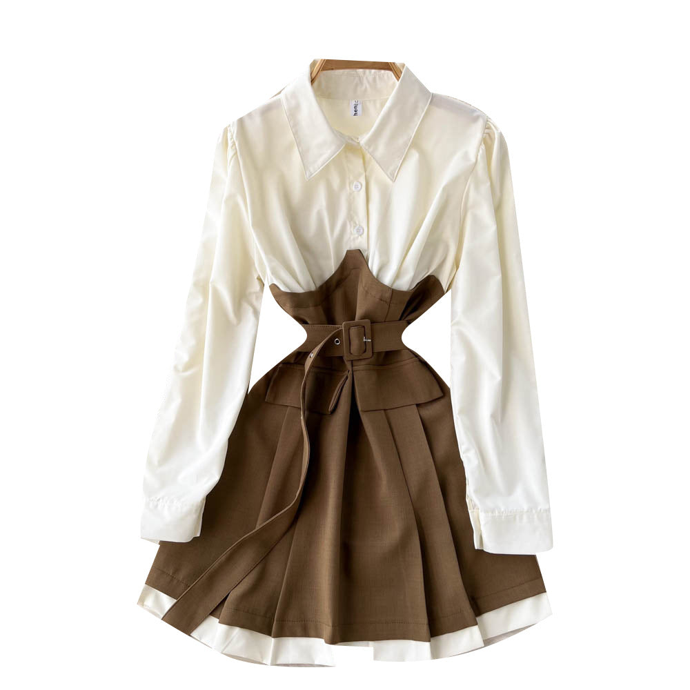 High-quality Light Familiar Style Niche Design Contrast Color Long-sleeved Dress Autumn Women's French Waist Shirt Skirt