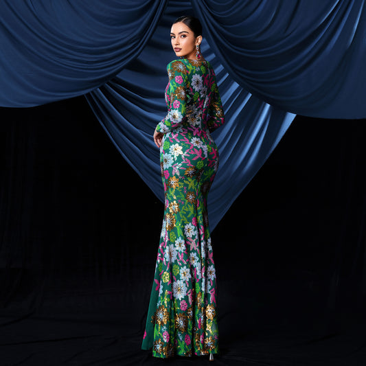 Cross-border European And American Middle Eastern Arabic Clothing Long Round Neck Long-sleeved Slim Waist Sequin Evening Dress For Women