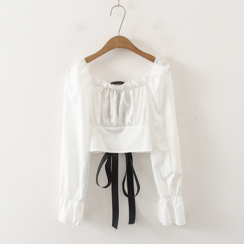 Autumn New Style Palace Puff-sleeved Long-sleeved Shirt, Feminine Backless Cross-over Short Strappy Top With Slim Fit
