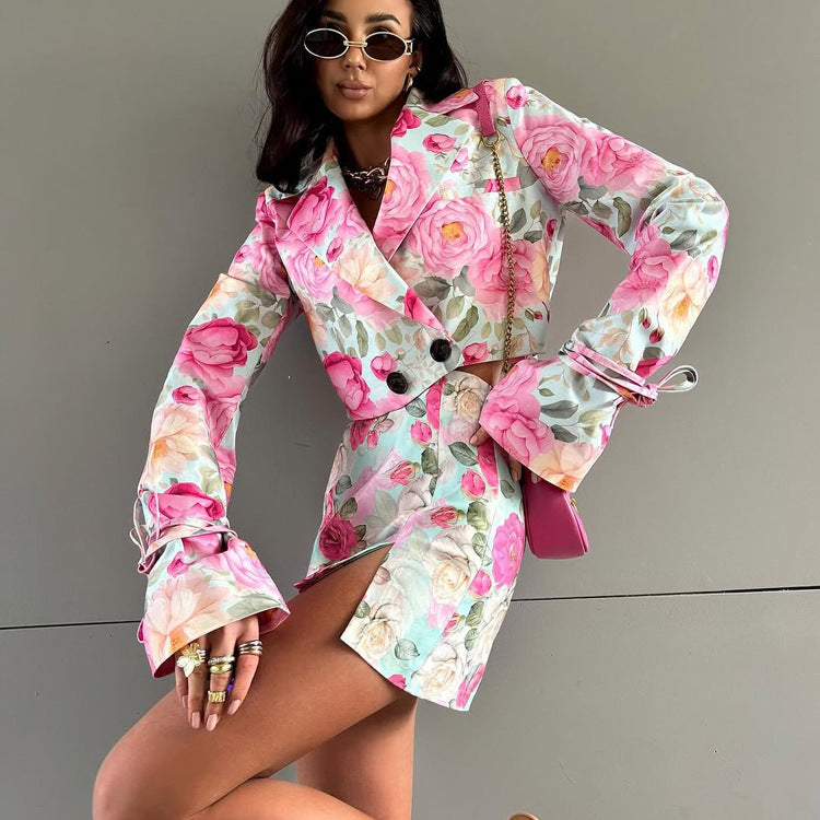 Women' Fashion Skirt Suit New Lapel Long-sleeved Top High-waisted Skirt Two-piece Set