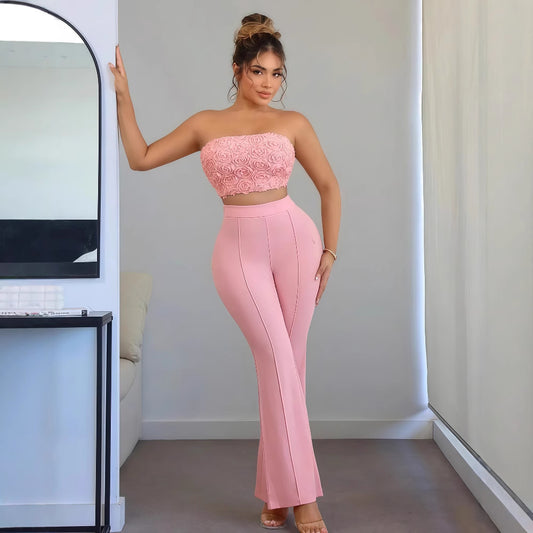 European And American Cross-border Women's 2025 Summer New Solid Color Exquisite Small Flowers Wrap Chest Tight Horn Trousers Two-piece Set