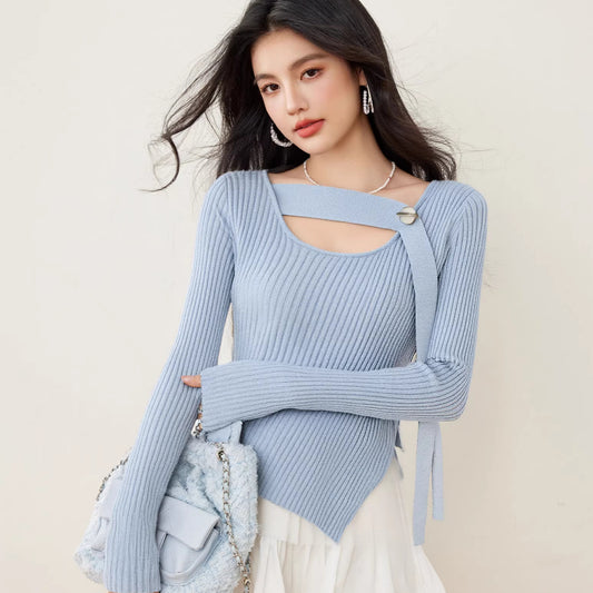 R2632 Brand Women's Fog Blue Ribbon One Button Irregular Top Wool Bottoming Sweater Temperament Top