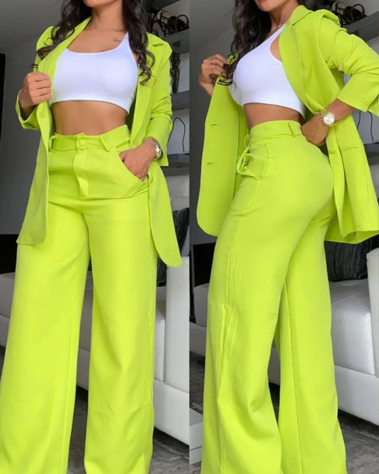 Women's Elegant Solid Color Split Sleeve Lapel Suit Pocket Straight Pants Suit