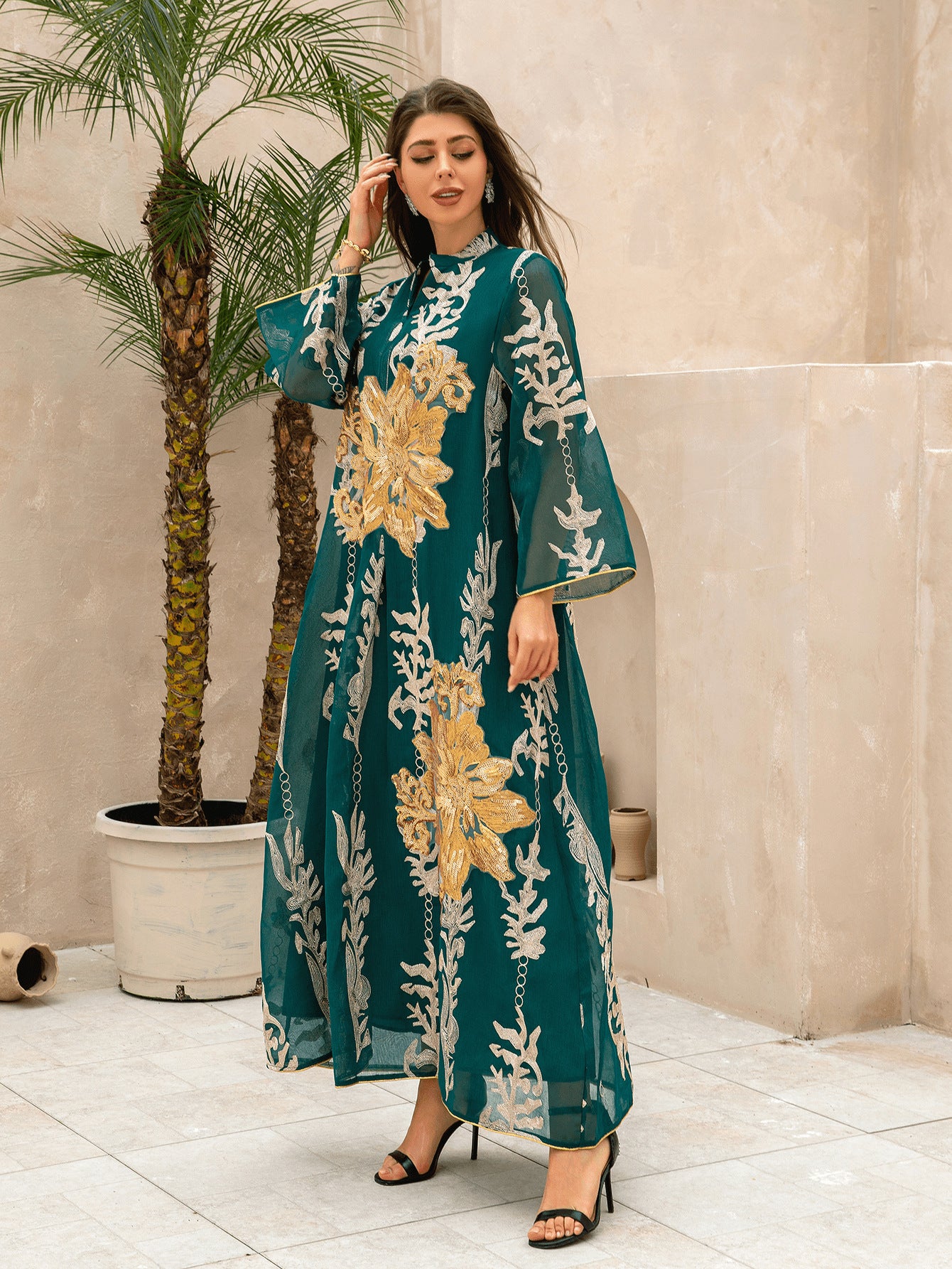 Cross-Border Golden Sequin Embroidered Yarn Muslim Women Jalabiya Dubai Arabaya