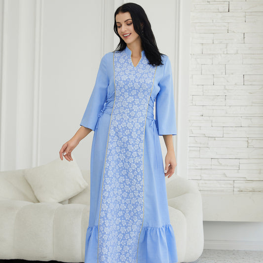 Cross-Border Long-Sleeved Jacquard V Neck Elegant Lace-Up Waist Slimming Look Dress Evening Dress