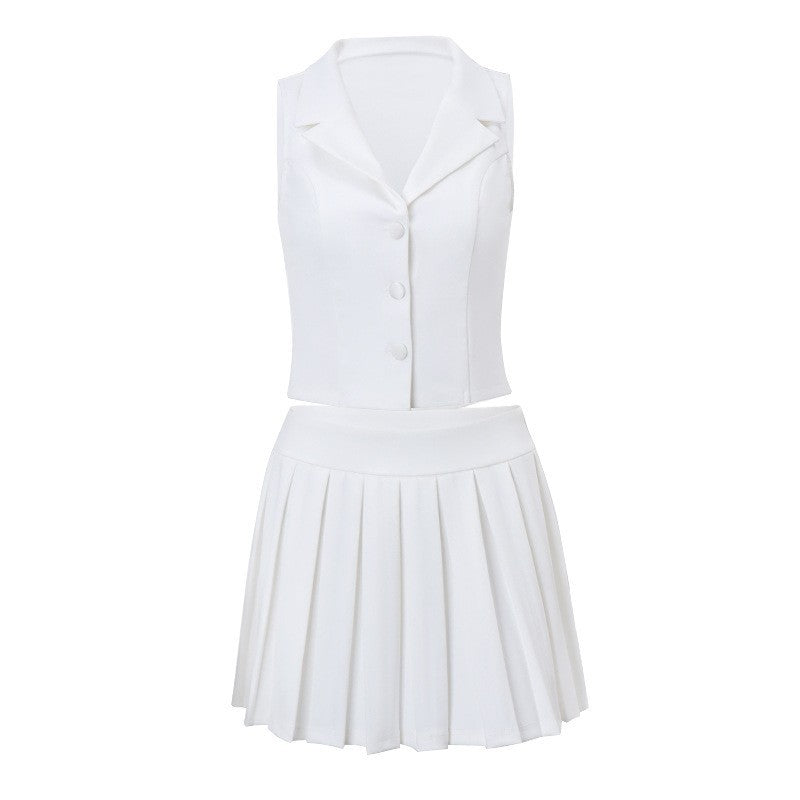 French Style Pure Desire Sexy V-Neck Elegant Vest Coat Summer Fashion Trend Pleated Skirt Suit Women