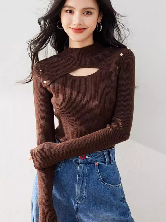 R3528 Niche Design Knitwear Women's Half Turtleneck Cut Out Elastic Brown Sexy Flesh-Covering Slimming Look Top Winter