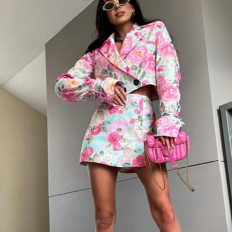Foreign Trade Women's Digital Printing Fashion Skirt Suit New Lapel Long-sleeved Top High-waisted Skirt Two-piece Set