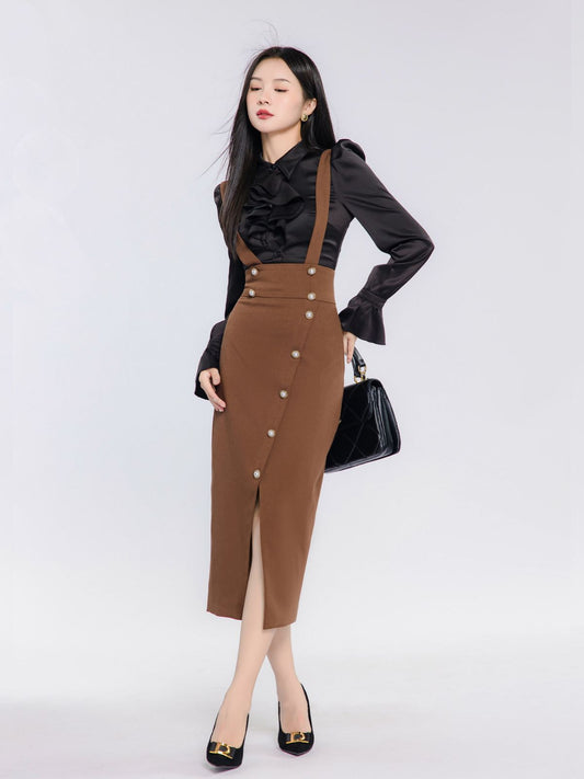 Suit Women's Autumn New French Style Black Turtleneck Bottoming Shirt Retro Strap Dress Two-piece Set