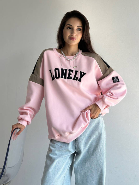 Crewneck Shoulder Shoulder Contrast Color Letter Pullover Sweat Instagram Style Fashionable Mid-length Cloth Loose Sweat Top For Women
