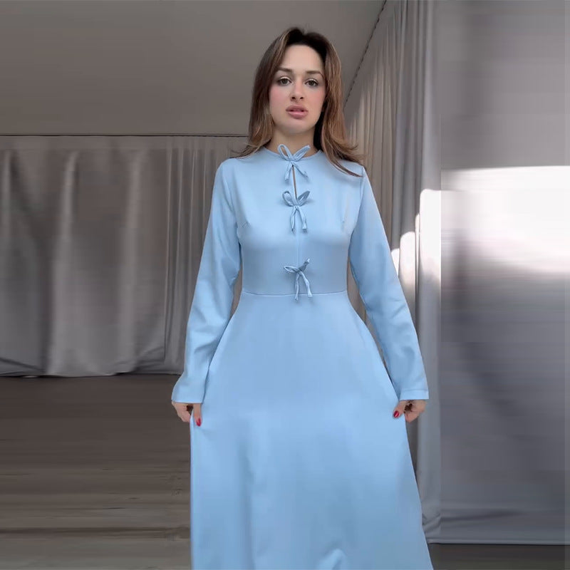 2025 Europe And America Amazon Cross-border Foreign Trade Women's Long Sleeve Solid Color Round Neck Multi-lace Temperament Fashion Dress