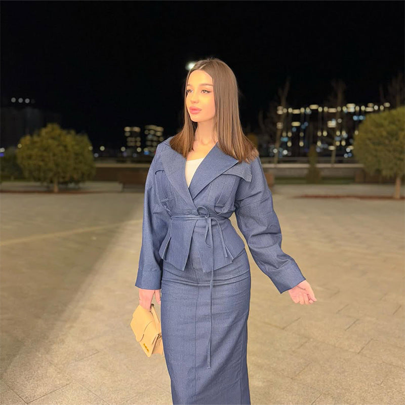 2025 European And American Amazon Cross-border Foreign Trade Women's New Lace-up Long Sleeve Elegant Long Sleeve Skirt Suit