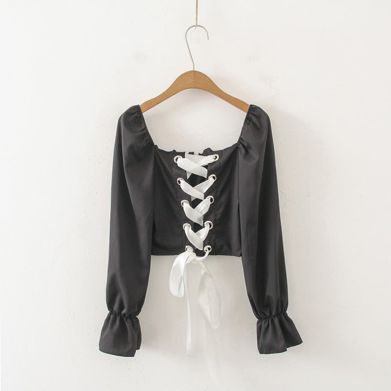 Autumn New Style Palace Puff-sleeved Long-sleeved Shirt, Feminine Backless Cross-over Short Strappy Top With Slim Fit