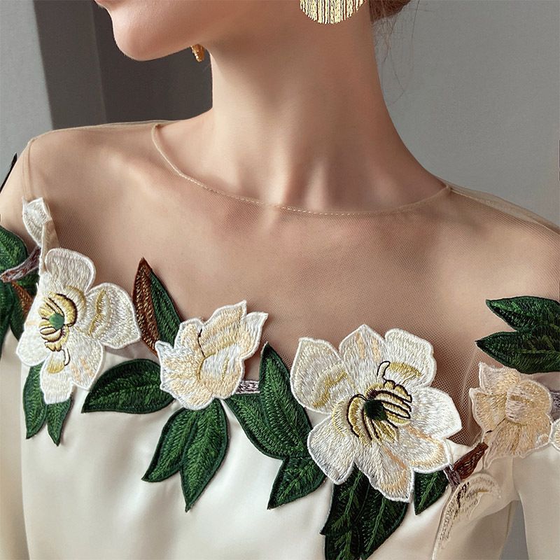 Mesh Stitching Satin Embroidered Shirt Top Women's Belle Mesh Yoke Blouse