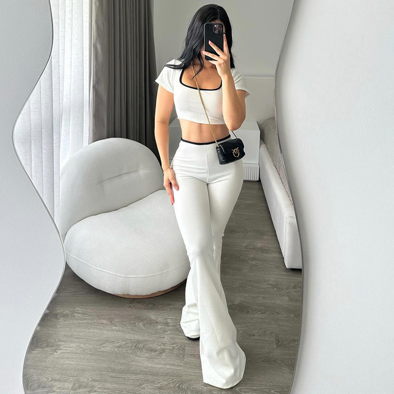 K24ST488 European And American Cross-border Women's Wear Spring And Summer Big Square Collar Short Navel Low Waist Micro Horn Slimming Knitted Suit